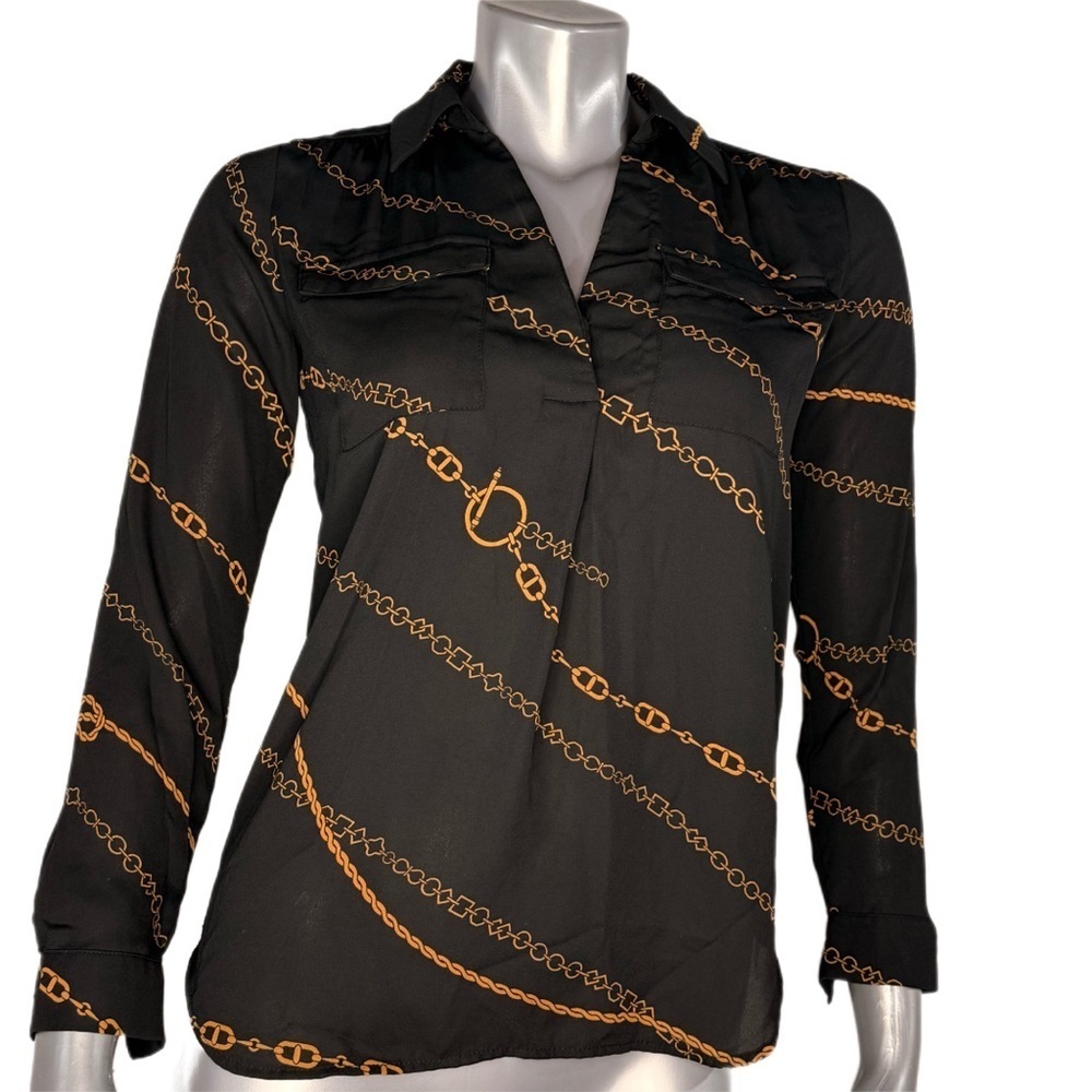 Ann Taylor | Black and Gold Chain Print Quarter Button Blouse - Picture 2 of 11